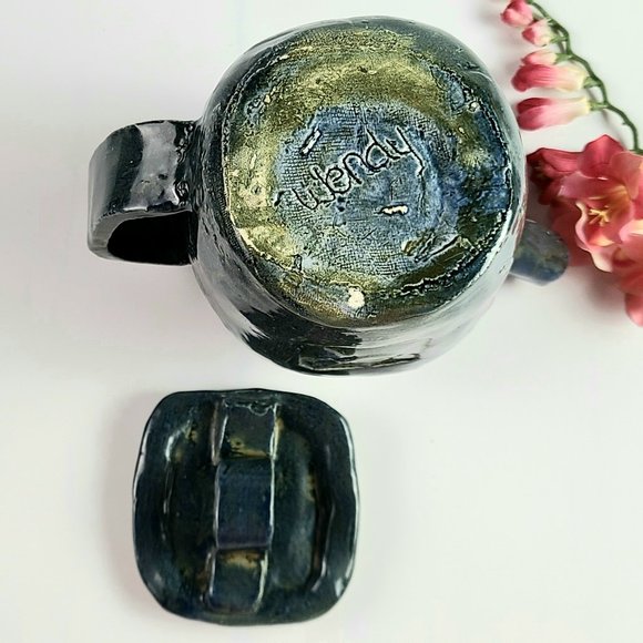 Vintage- Signed - Dark Blue Handmade Stoneware Tea Set with 6 Cups - Picture 12 of 12